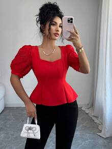 SHEIN Clasi Women's Elegant Rose Flower Applique Puff Sleeve Ruffle Hem Blouse, Summer - Red - View 3