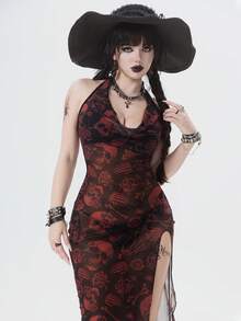 ROMWE Goth Women's Dark Skull Rose Floral Mesh Print Plunging Neck Backless Side Slit Cover Up, Spring/Summer - Multicolor - View 7