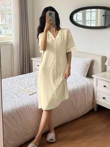 DAZY Váy ngủ dài phối ren cho nữ, màu trắng, tay ngắn, thích hợp mặc mùa hè. - Màu be - Xem 4