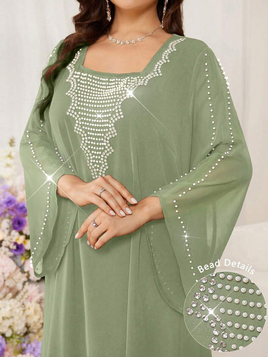 Al Najma 大码女式水钻和仿珍珠装饰阿拉伯风格连衣裙 - 綠色 - 查看 1