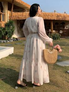 Plus Vestido de mujer de talla grande con estampado de dibujos animados, volantes en la cintura, estilo de vacaciones, vestido largo de verano/primavera, vestido bohemio - Albaricoque - Ver 6