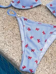 Swim Mod 女士碎花露背吊带三角比基尼上衣和高衩比基尼泳裤套装，时尚可爱性感沙滩度假游艇派对服装 - 彩色 - 查看 5