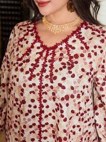 Al Najma Plus Size Elegant V-Neck Lace Patchwork Flare Sleeve Dress, Autumn - Multicolor - View 3