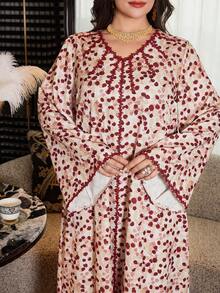 Al Najma Plus Size Elegant V-Neck Lace Patchwork Flare Sleeve Dress, Autumn - Multicolor - View 8