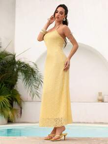 Modelyn Robe élégante à col ras-du-cou et dos nu en dentelle pour femmes - Nude - Voir 5