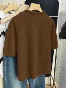 Franclia Coffee Brown,Autumn,Ellegant,Office French Chic Round Neck Short Sleeve Knit Blouse,Contrast Bow Collar Design Paisley & Polka Dot Ribbed Trim Top - Brown - View 2