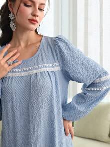 Al Najma Round Neck Contrast Lace Textured Fabric Lantern Sleeve Arabic Style Dress - Blue - View 2