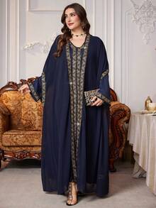 Al Najma Navy Blue Summer Modest Muslim Wedding Al-Adha Abaya Kaftan Jalabiya Dress,Patchwork Ribbon Trim Loose Chiffon Cardigan,Plus Size Women Long Robe - Navy Blue - View 6
