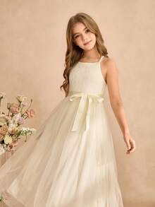 Girls' Elegant Minimalist Round Neck Sleeveless Waist Cinched Long Lace Patchwork Multi-Layer Tulle Solid Green Summer Dress, Flower Girl Dress For Wedding Junior Bridesmaid Dress Young Girl Elegant Dress Ivory Dress Girls Cream Dresses For Girls - Apricot - View 5