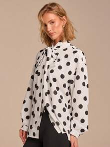 COSMINA Blouse élégante à manches longues et col ras-du-cou à pois pour femmes, polyvalente pour le travail, les sorties et les occasions, printemps - Noir et Blanc - Voir 7
