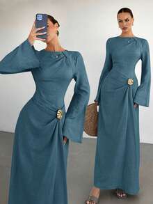 Siren Gaze 女士纯色扭结细节金属扣装饰喇叭长袖连衣裙，女士婚礼宾客礼服，女士冬季正式礼服 - 藍色 - 查看 3