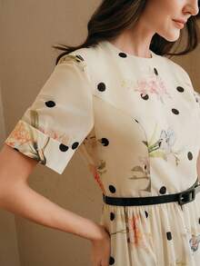 Anewsta 波点印花常规肩部荷叶边长连衣裙，配腰带，优雅休闲度假沙滩裙，适合女士，春夏穿着 - 杏色 - 查看 7