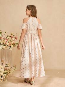 Vestido elegante y lujoso de color rosa con diseño de hombros descubiertos, cintura ceñida y ajuste cómodo para niñas preadolescentes - Rosa - Ver 2