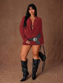 Rustia Sexy Plunging Neck Long Sleeve Stretchy Bodycon Plus Size Dress - Burgundy - View 6