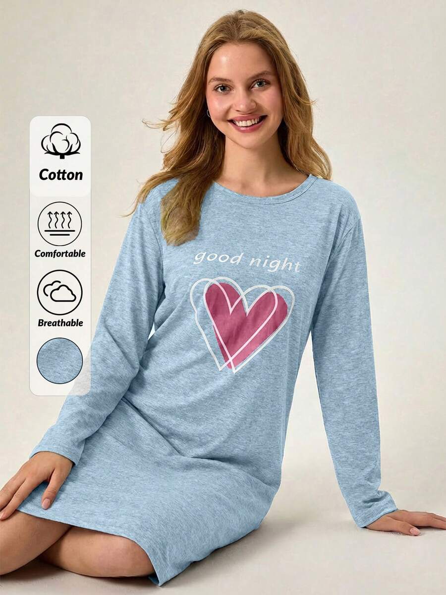 EURMUSE Women's Comfortable Heart Printed Long Sleeve Nightdress - Baby Blue - View 1