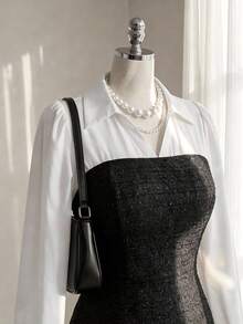 SHEIN MOD Vestido de negocios casual elegante de talla grande con bloqueo de color y empalme - Blanco y Negro - Ver 8