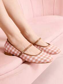 CUCCOO DOLLMOD Sepatu Mary Jane Wanita Motif Kotak-kotak Cokelat Muda, Ujung Persegi Datar, Sepatu Hak Rendah yang Lucu dengan Gaya Kampus, Cocok untuk Musim Semi, Paskah, Natal - Coklat Berkarat A - View 4