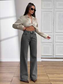 EURMUSE HIGH WAIST STRAIGHT JEAN PANT STYLE CASUAL - Grey - View 3