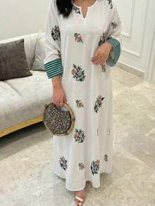 Yasmyna Women's Loose Fit Printed Long Sleeve Arabic Style Dress - Green - View 10