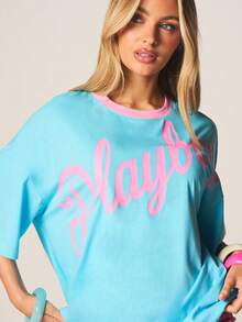 Missguided x Playboy Women's Oversized Graphic Tee Short Sleeve Crew Neck Casual Statement Top With Pink Text Print - Blue - View 5