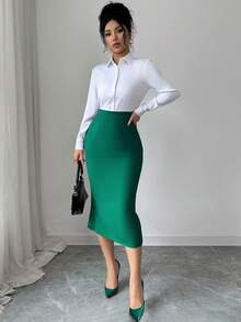 Elenzga Women's Elegant Fitted Pleated Pencil Skirt - Dark Green - View 7