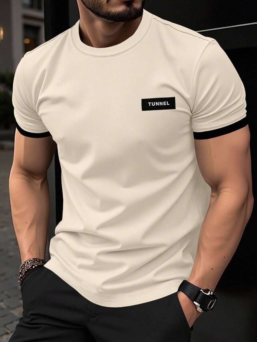 Manfinity Homme Men's Contrast Color Minimalist Print Round Neck Short Sleeve T-Shirt - Multicolor - View 1