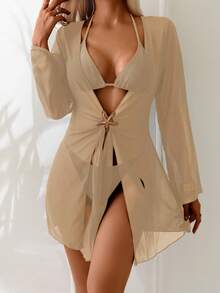 Swim Lushoire Áo khoác kimono nữ màu trơn tay lửng chống nắng, thích hợp cho kỳ nghỉ biển. - Màu be - Xem 1