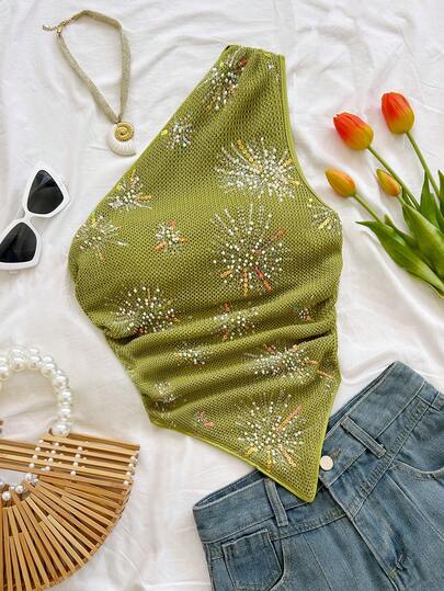 Soleia Blusa con bajo asimétrico y hombro asimétrico para mujer, informal para vacaciones, playa, invitada de boda, brunch de graduación, Día de San Patricio, vacaciones de primavera, Pascua, festival de música, fiesta elegante bohemia tropical, con adornos de lentejuelas, color marrón, Día de San Valentín