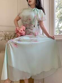 Modelyn Đầm xòe in họa tiết, xếp ly, thắt eo dành cho nữ - Màu xanh nhạt - Xem 8
