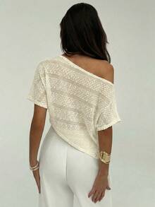 Aloruh Áo nữ tay ngắn, vai lệch, màu trơn, dáng rộng, thích hợp mặc mùa hè. - Màu be - Xem 2