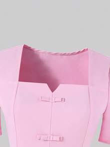 SHEIN 青少年女孩夏季純色泡泡袖短版上衣與長褲套裝 - 彩色 - 查看 6
