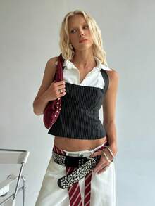 TRNVIE Black Striped Halter Neck Tank Top For Women, Fashionable For Commuting, Spring/Summer - Black - View 6