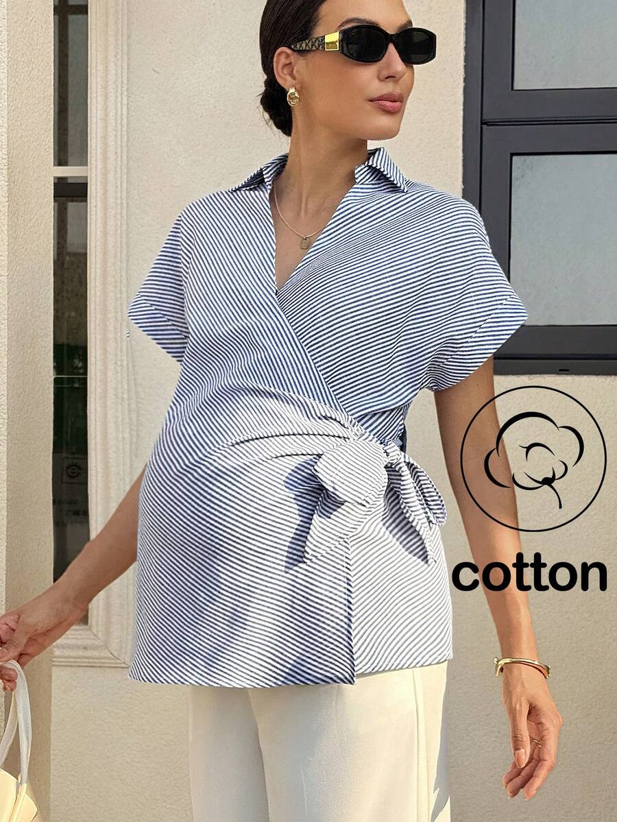 MaterniWear 孕妇条纹蝙蝠袖短袖侧系带休闲衬衫 - 藍色 - 查看 1