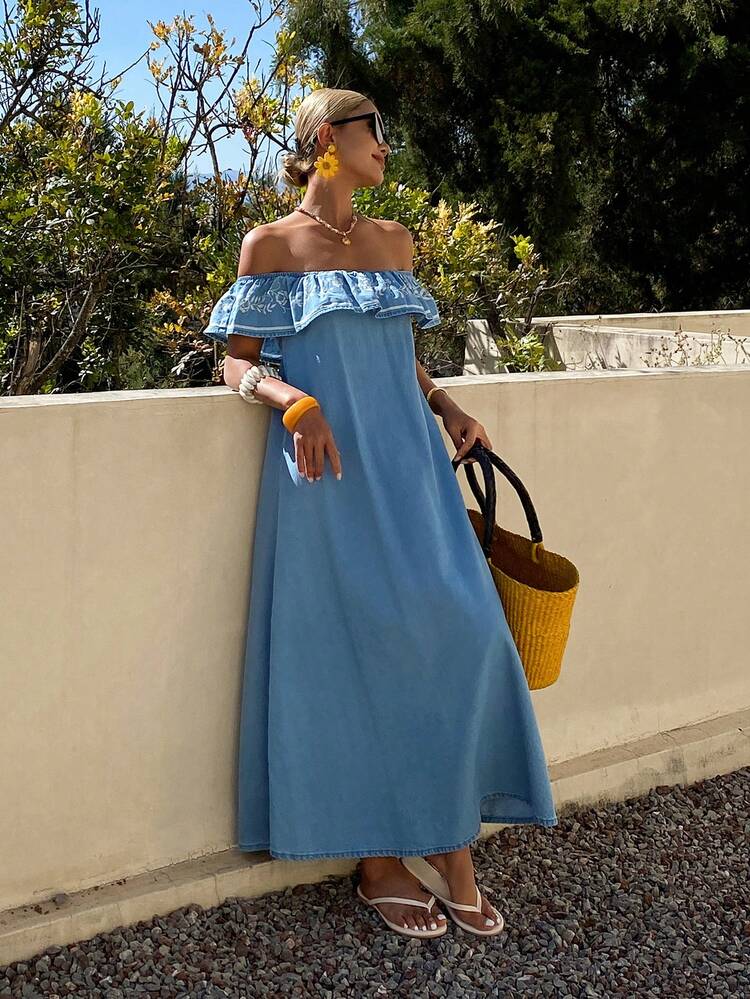 Women's Off-Shoulder Floral Print Long Denim Dress, Vacation Style, Summer Boho