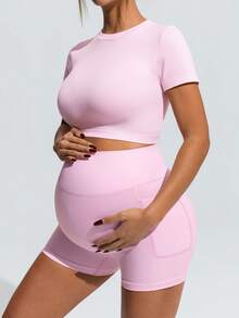 SHEIN Maternity Solid Color Round Neck Short Sleeve T-Shirt And Pocket Shorts Sports Suit,Word Cup - Pink - View 5