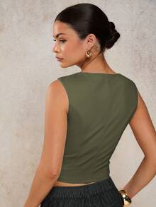 COSMINA Women's Summer Fashion Solid Color Notched Neck Cropped Tank Top,Summer Top - Army Green - View 2