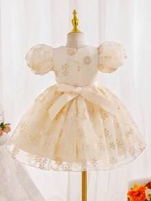 SHEIN Glamorique Kids 女童碎花腰部蓬蓬薄纱连衣裙，优雅派对礼服，泡泡袖设计，适合所有季节 - 杏色 - 查看 2