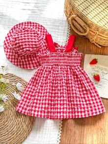SHEIN Vintaside Kids 两件套女婴柠檬印花吊带连衣裙配帽子套装，休闲舒适又可爱，适合日常穿着、度假和玩耍 - 紅色 - 查看 3