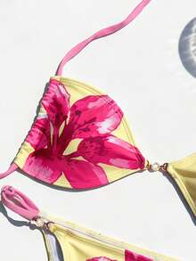 Swim Mod 女士碎花可调节露背吊带短款上衣和高衩比基尼泳裤套装，时尚、可爱、性感，适合海滩、游艇、派对等场合。 - 彩色 - 查看 5