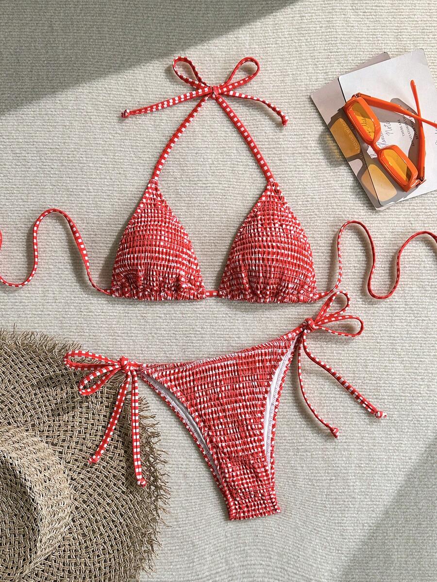 Swim Mod 2pcs Women's Summer Beach Vacation Ruched Leopard Print Halter Tie Bikini Set - Multicolor - View 1