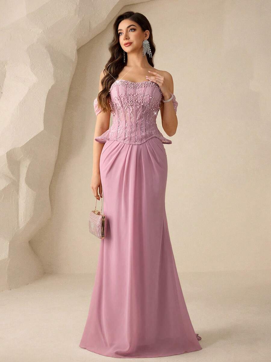 Coutiva 奢华珠饰闪亮晚礼服，高端优雅派对礼服 - 粉色 - 查看 1