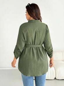 SHEIN Essnce 大码女式秋冬时尚休闲宽松舒适日常纹理面料长袖衬衫，金属扣系带收腰设计，袖子可调节，秋季穿搭，女士衬衫，工作上衣 - 薄荷綠 - 查看 2