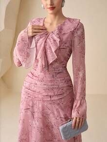 Modelyn Elegant & Romantic Floral Print Long Dress For Outdoor Wear - Pink - View 3