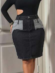 Slaydiva Plus Size Color Block Slant Pocket Fashionable Fitted Denim Skirt - Grey - View 1