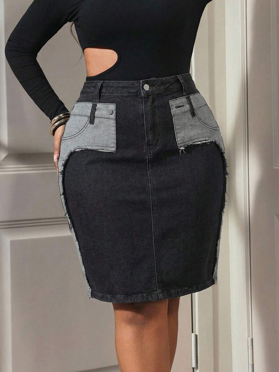 Slaydiva Plus Size Color Block Slant Pocket Fashionable Fitted Denim Skirt - Grey - View 1