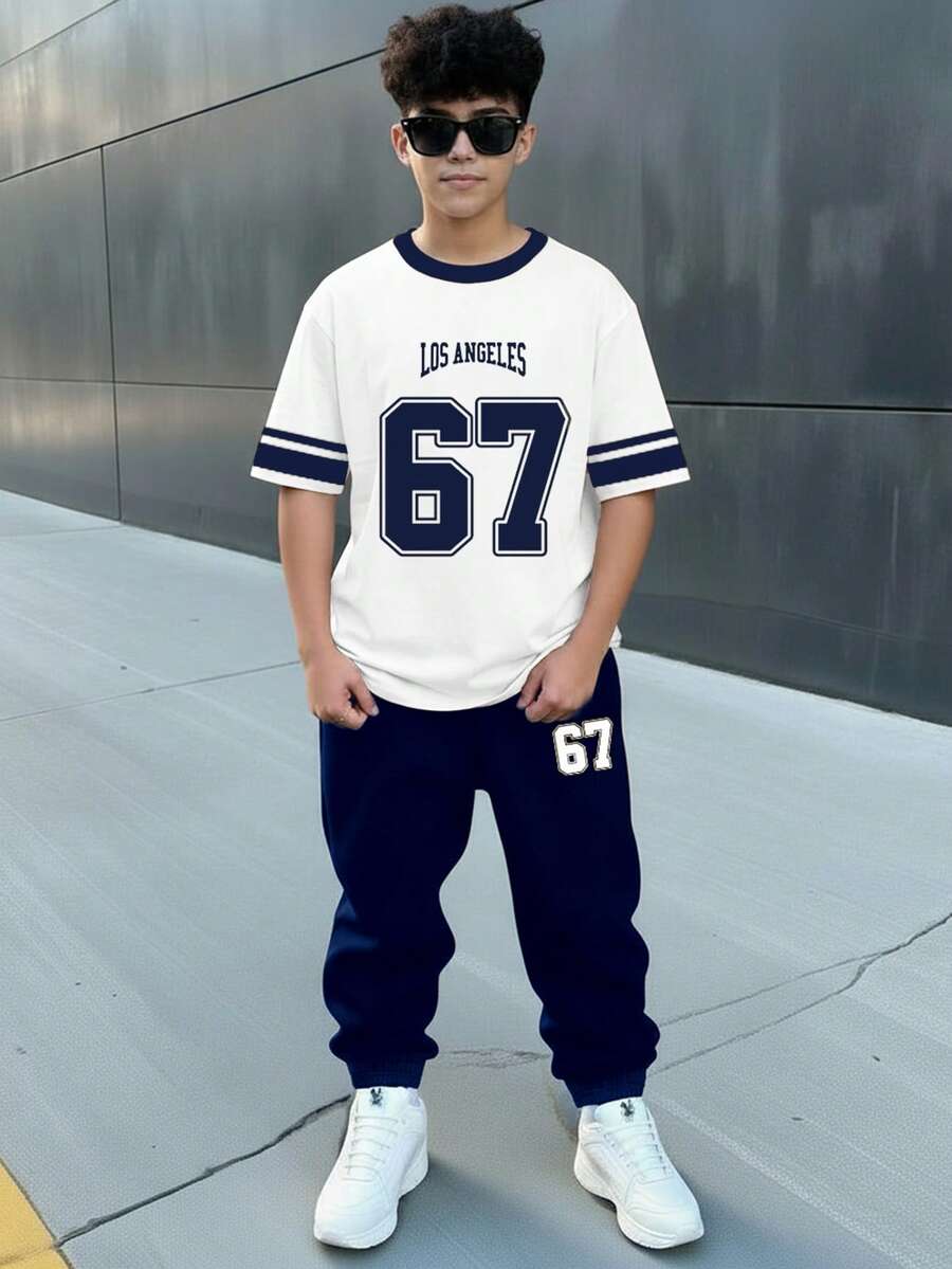 青少年男童休闲 Y2K 风格英文字母数字 67、6&7 运动复古美式撞色宽松舒适时尚简约圆领短袖 T 恤和裤子套装 - 白色 - 查看 1