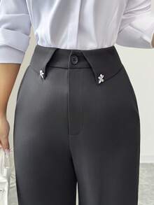 Modelyn Women's Casual Office Golf Commute Solid Color Rhinestone Decor Foldover Waist Flare Pants Pastal Autumn - Black - View 7