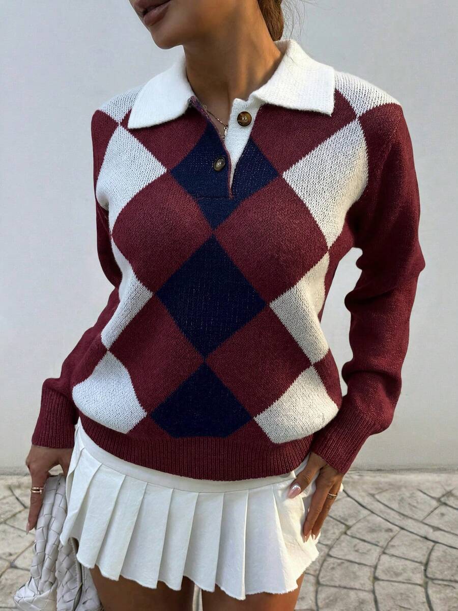 Chiquease Pull basique minimaliste à carreaux pour femmes, style coréen simple et mode. Pull boutonné pour femmes en automne/hiver - Multicolore - Voir 1