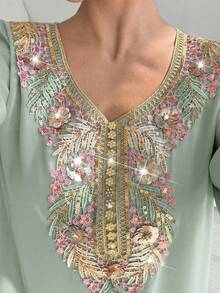 Yasmyna Women's Elegant Floral Embroidery Flare Sleeve Dress - Green - View 8