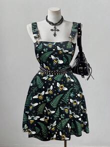 Sunspun Plus Size Spring/Summer Dark Floral & Bee Print Jumper Dress - Multicolor - View 1